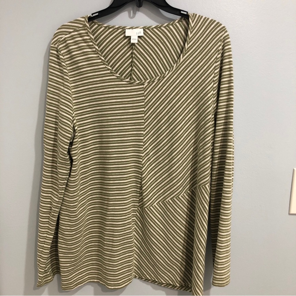 J.Jill Women's Olive White Assymetrical Stripe Tunic Shirt Top Size L
